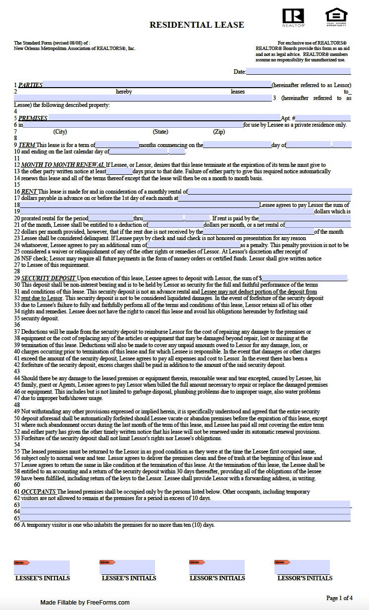 Free Louisiana Standard Residential Lease Agreement Template | PDF | WORD