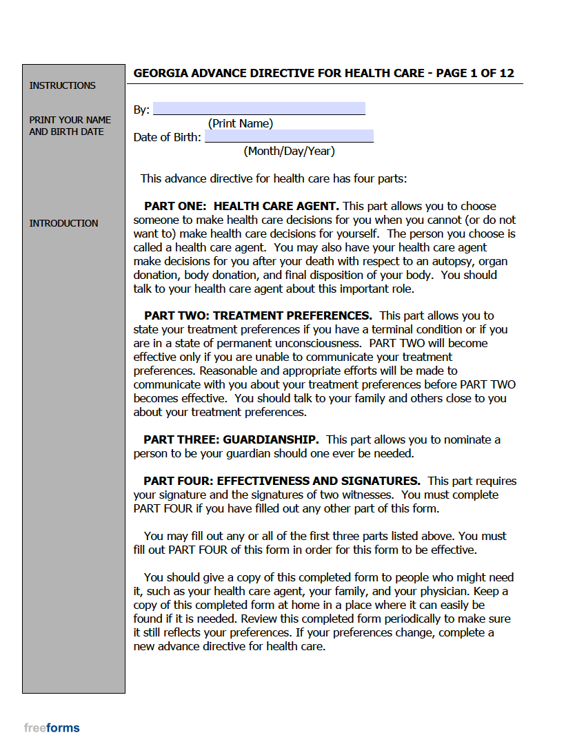 Free Georgia Advance Directive Form (Medical POA &amp; Living Will) | PDF