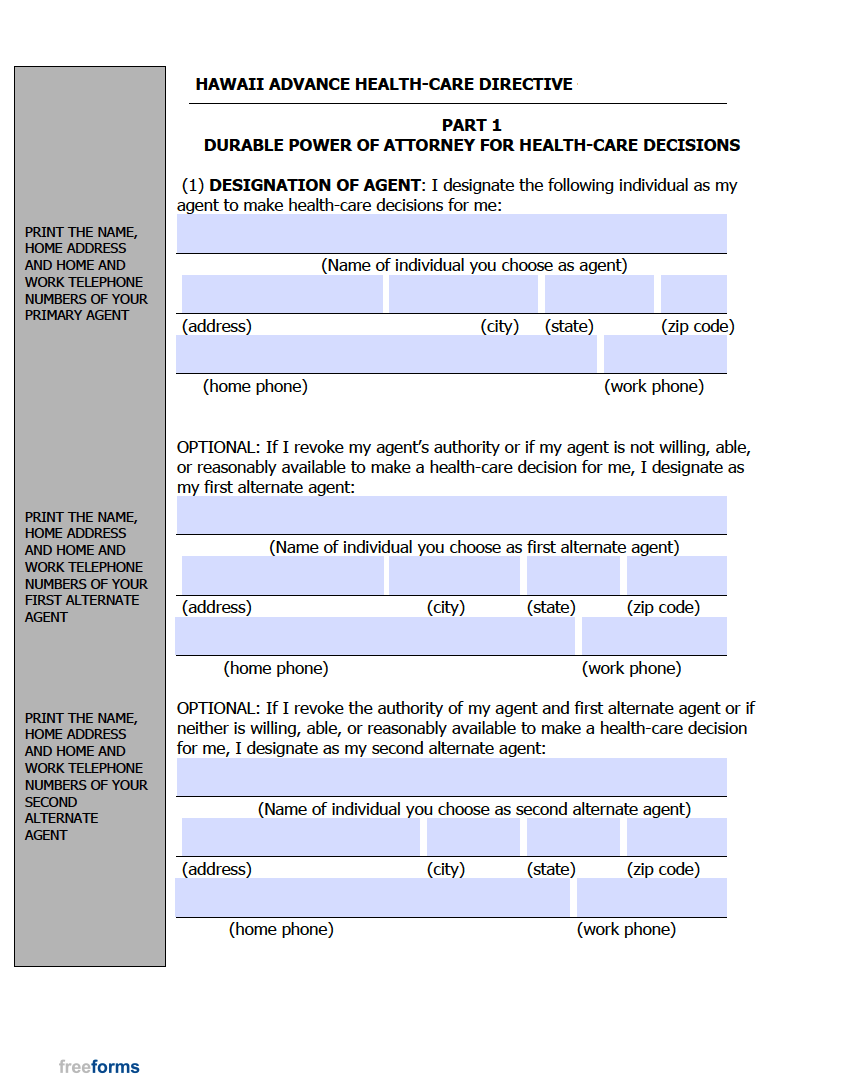 Free Hawaii Advance Directive Form Medical Poa Living Will Pdf