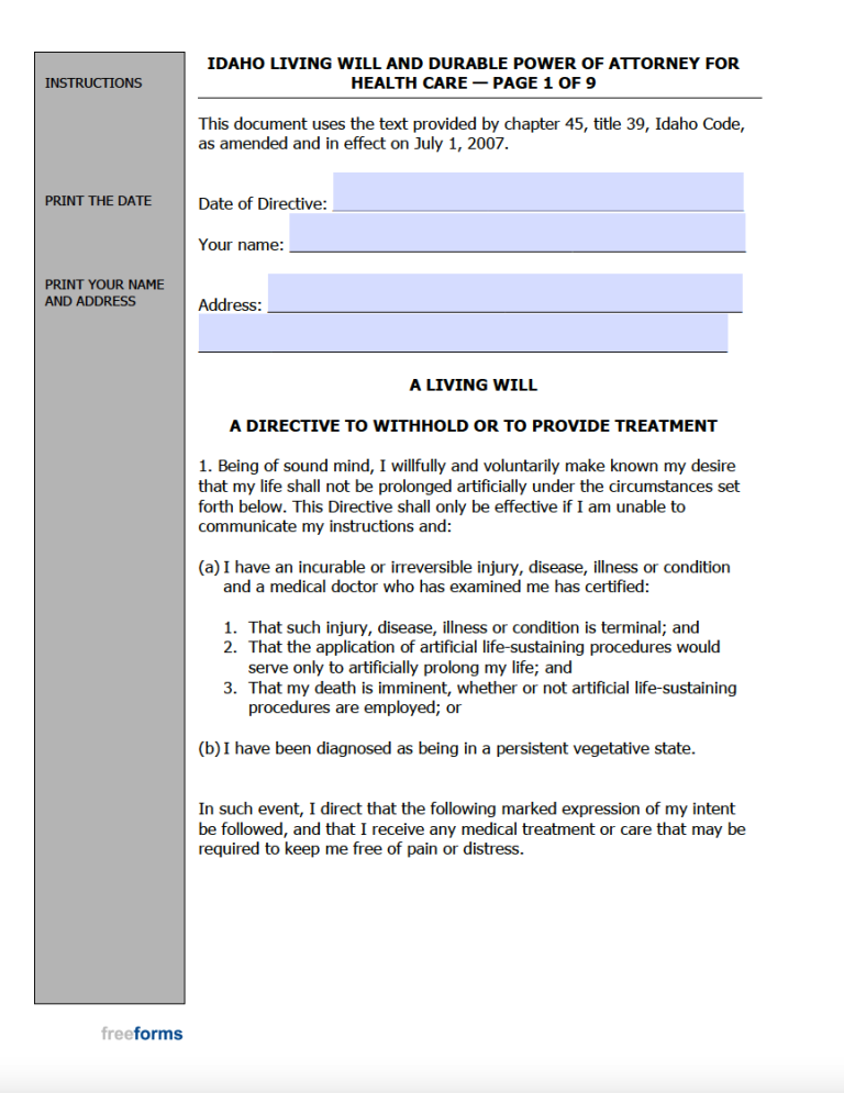 Free Idaho Advance Directive Form (Medical POA &amp; Living Will) | PDF