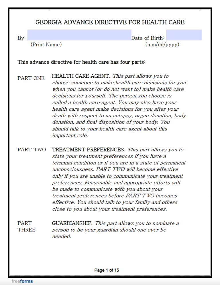 Free Georgia Advance Directive Form (Medical POA &amp; Living Will) | PDF