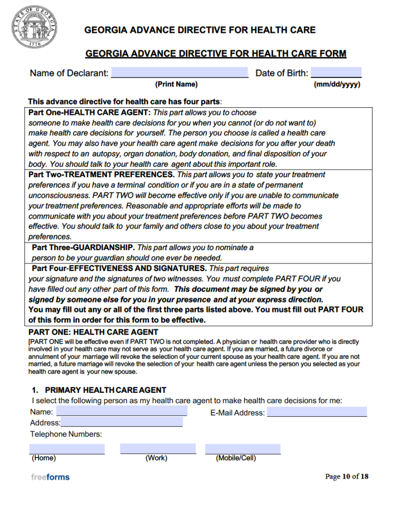 Free Georgia Advance Directive Form (Medical POA & Living Will) | PDF