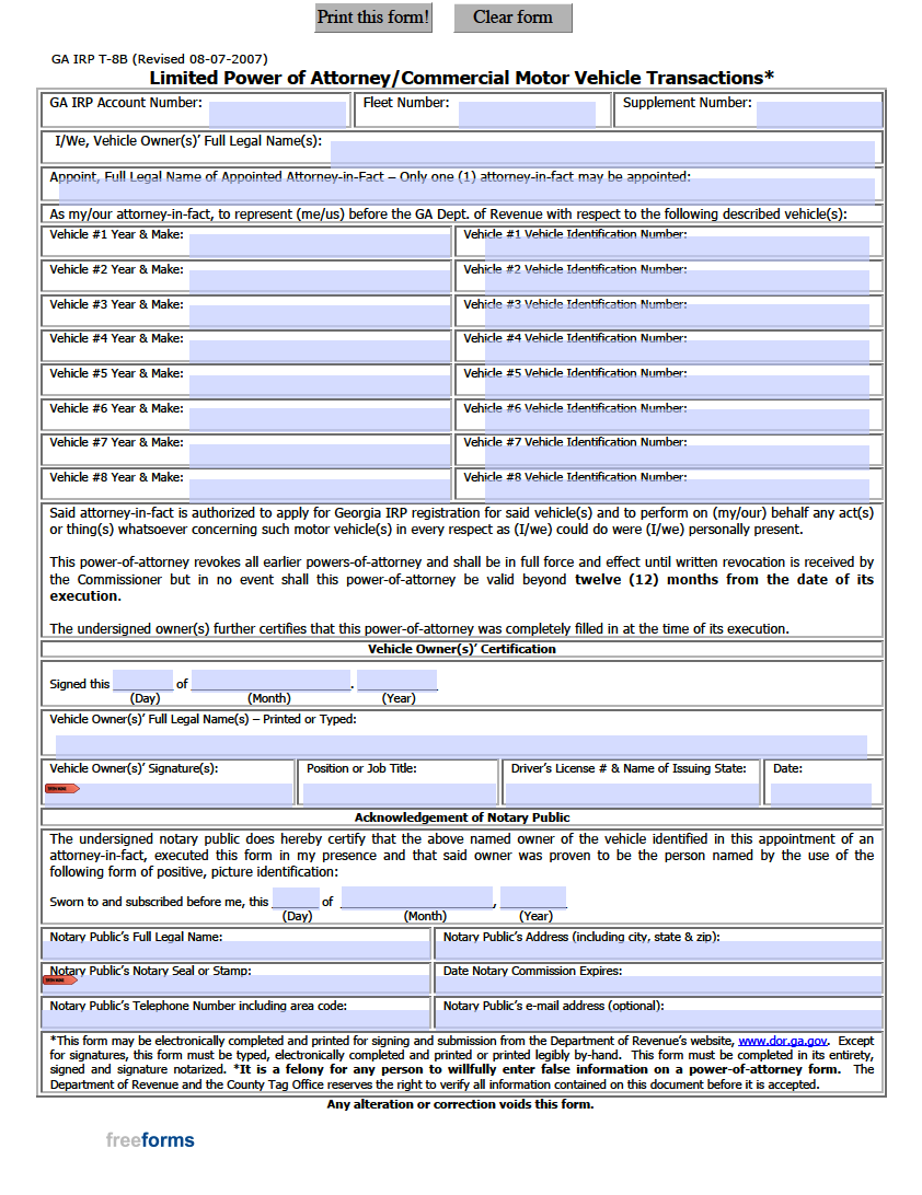 Free Georgia Motor Vehicle Power Of Attorney Form PDF