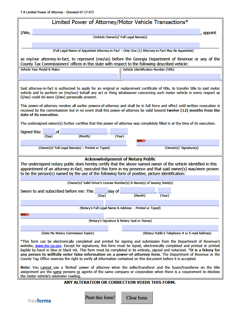 Free Motor Vehicle Power of Attorney Form PDF