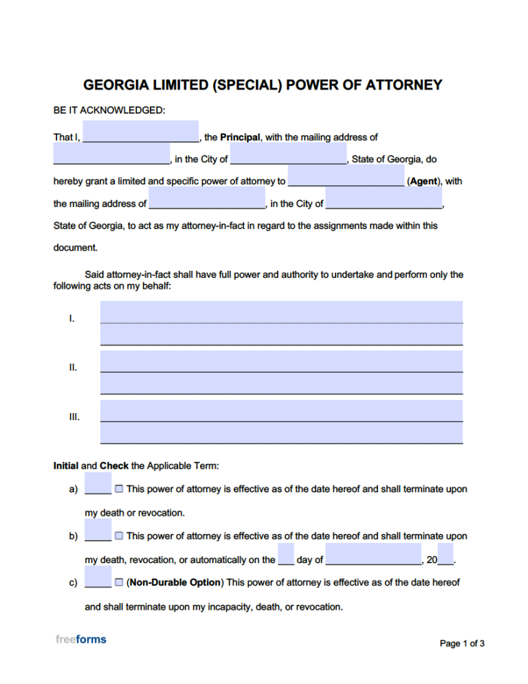Free Georgia Limited Special Power Of Attorney Form PDF WORD