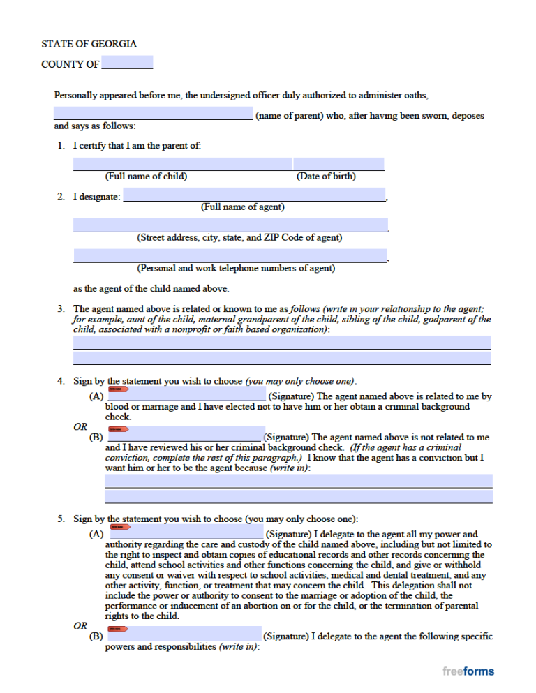 Free Georgia Minor Child Power of Attorney Form | PDF