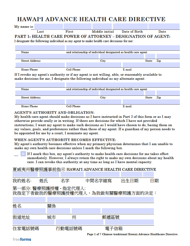 Free Hawaii Advance Directive Form (Medical POA & Living Will) PDF