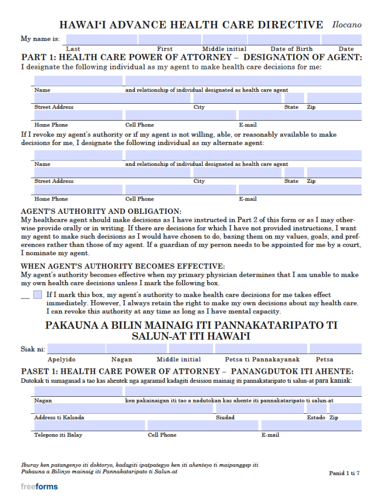 Free Hawaii Advance Directive Form (medical Poa & Living Will) 