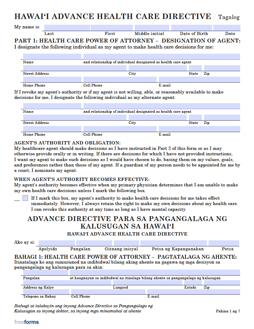 Free Hawaii Advance Directive Form (Medical POA & Living Will) PDF