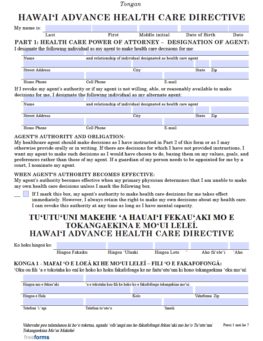 Free Hawaii Advance Directive Form (Medical POA & Living Will) PDF