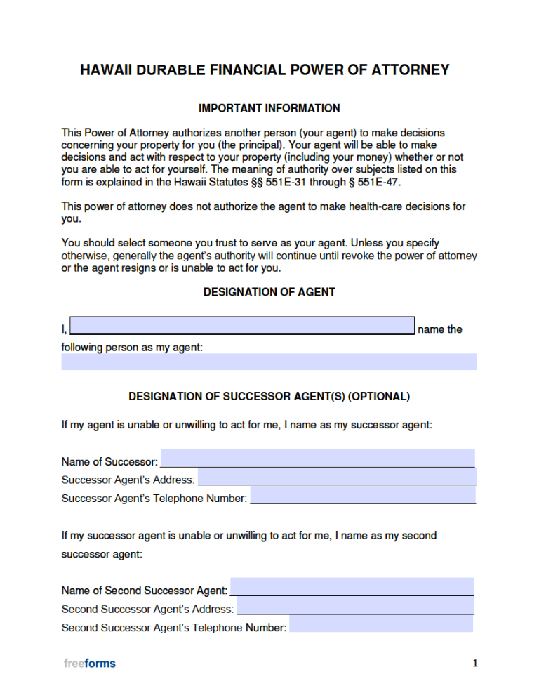 Free Hawaii Durable Financial Power Of Attorney Form PDF