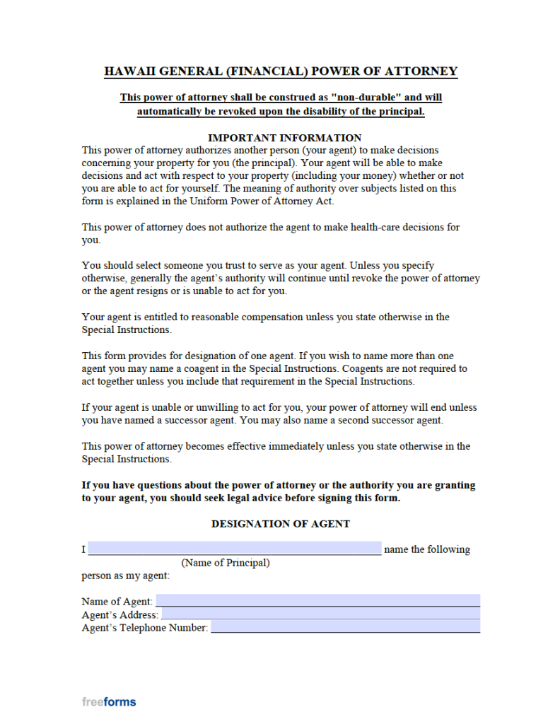 Free Hawaii Power Of Attorney Forms Pdf