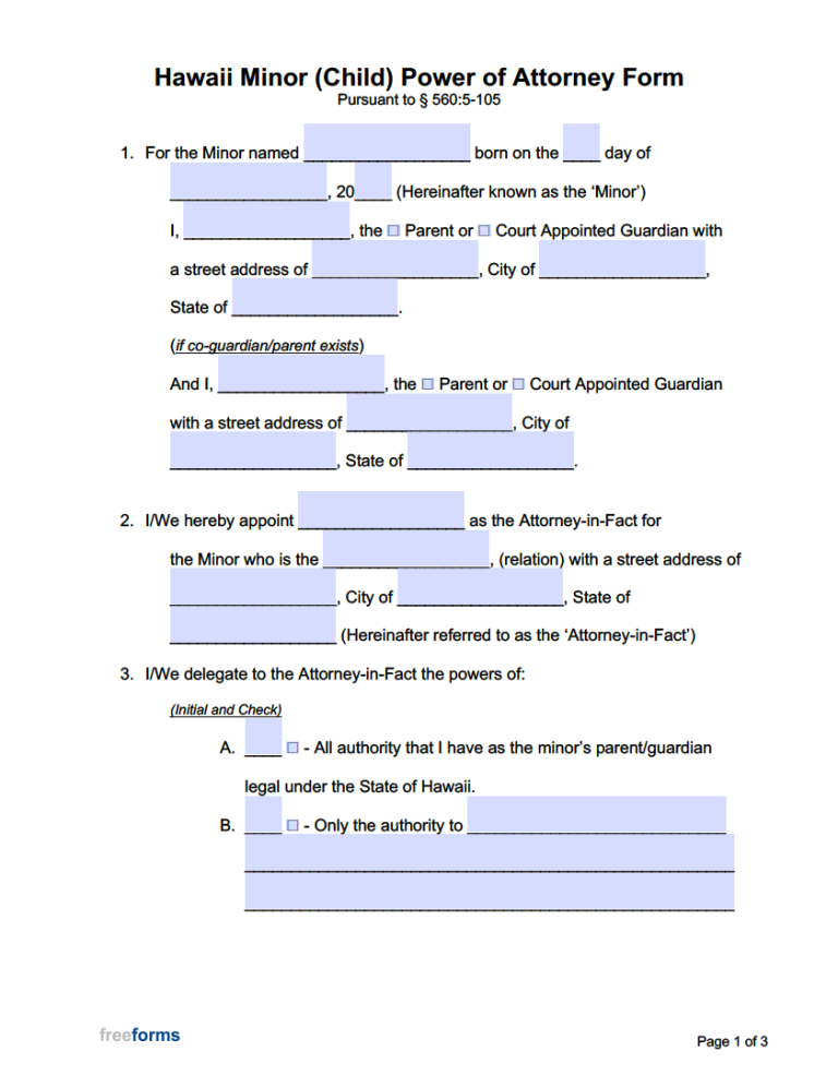 Free Hawaii Minor Child Power of Attorney Form PDF