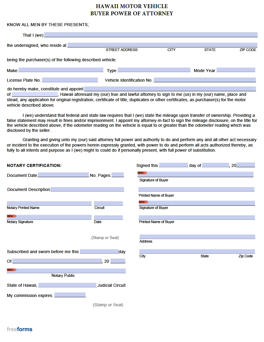 Free Hawaii Motor Vehicle Power of Attorney Form | PDF