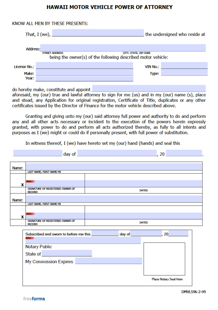 free notarized bill of sale form for car hawaii