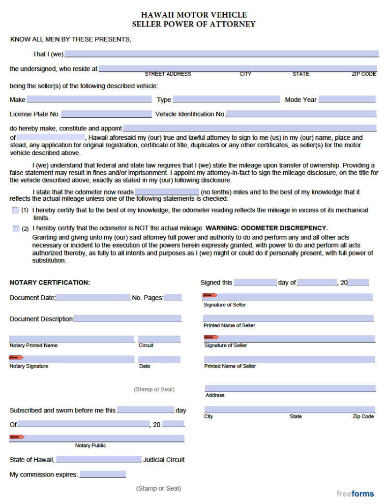 Free Hawaii Motor Vehicle Power Of Attorney Form 