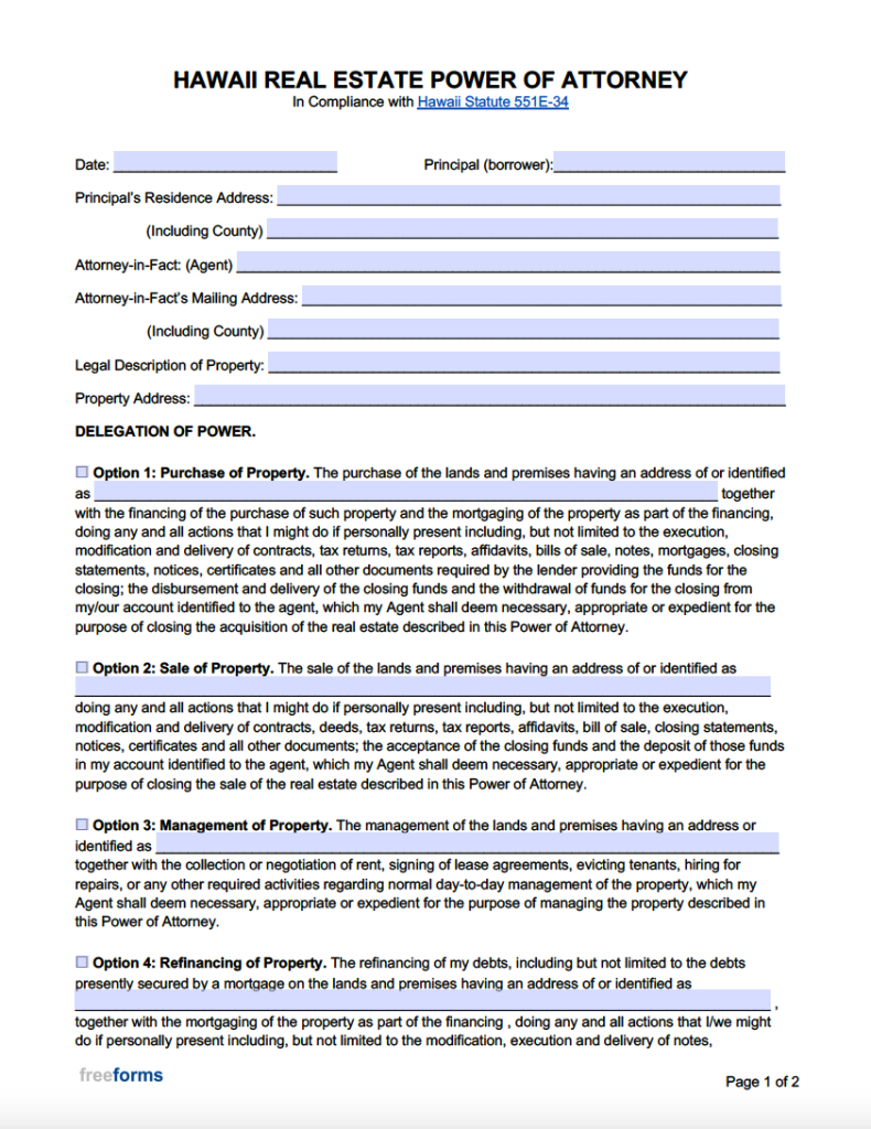 Free Hawaii Real Estate Power of Attorney Form PDF WORD