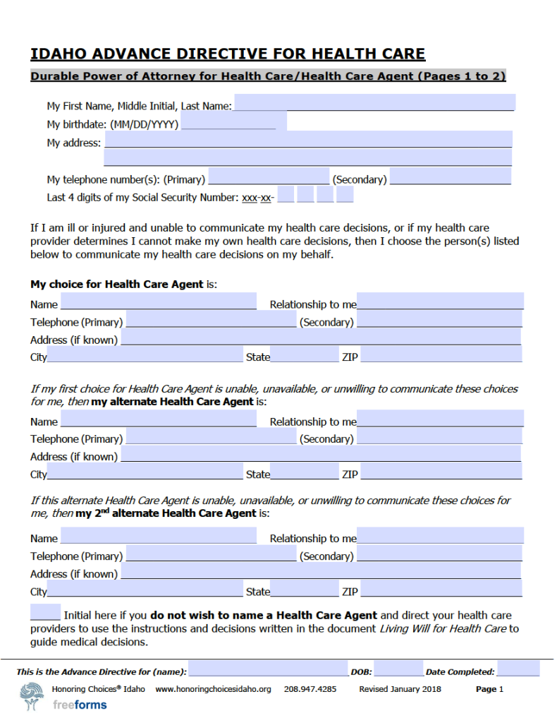 Free Idaho Advance Directive Form (Medical POA &amp; Living Will) | PDF