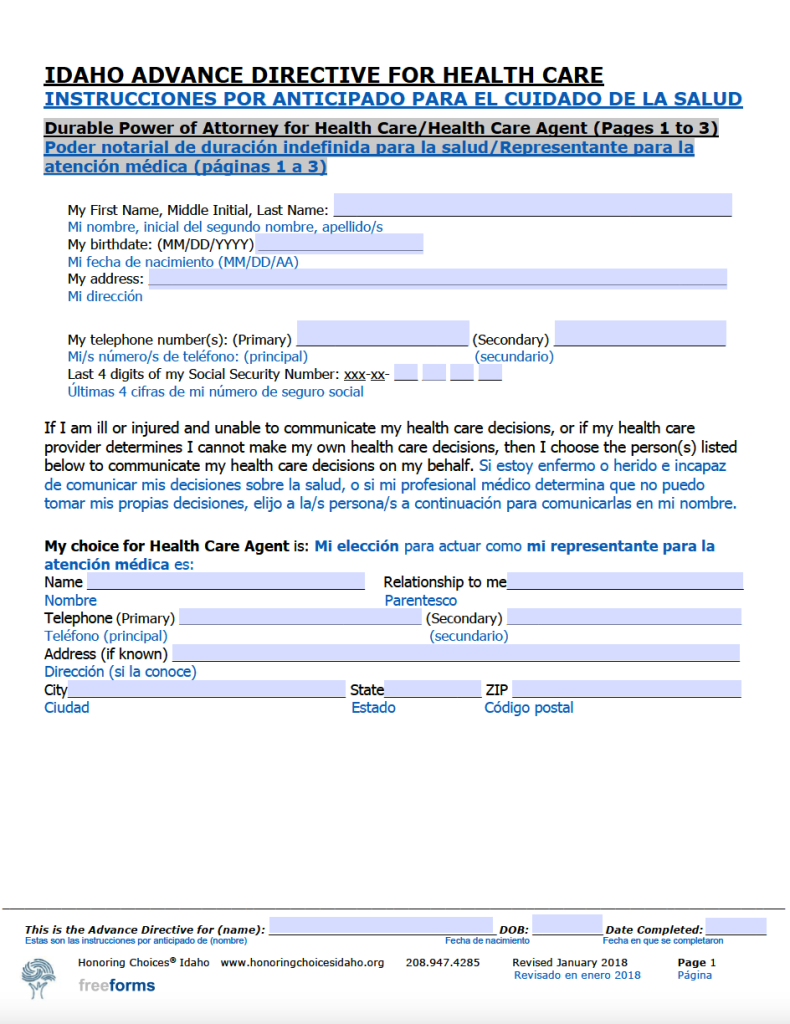 Free Idaho Advance Directive Form (Medical POA &amp; Living Will) | PDF