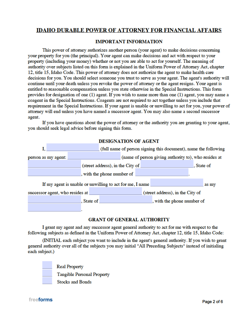 Free Idaho Advance Directive Form (Medical POA &amp; Living Will) | PDF