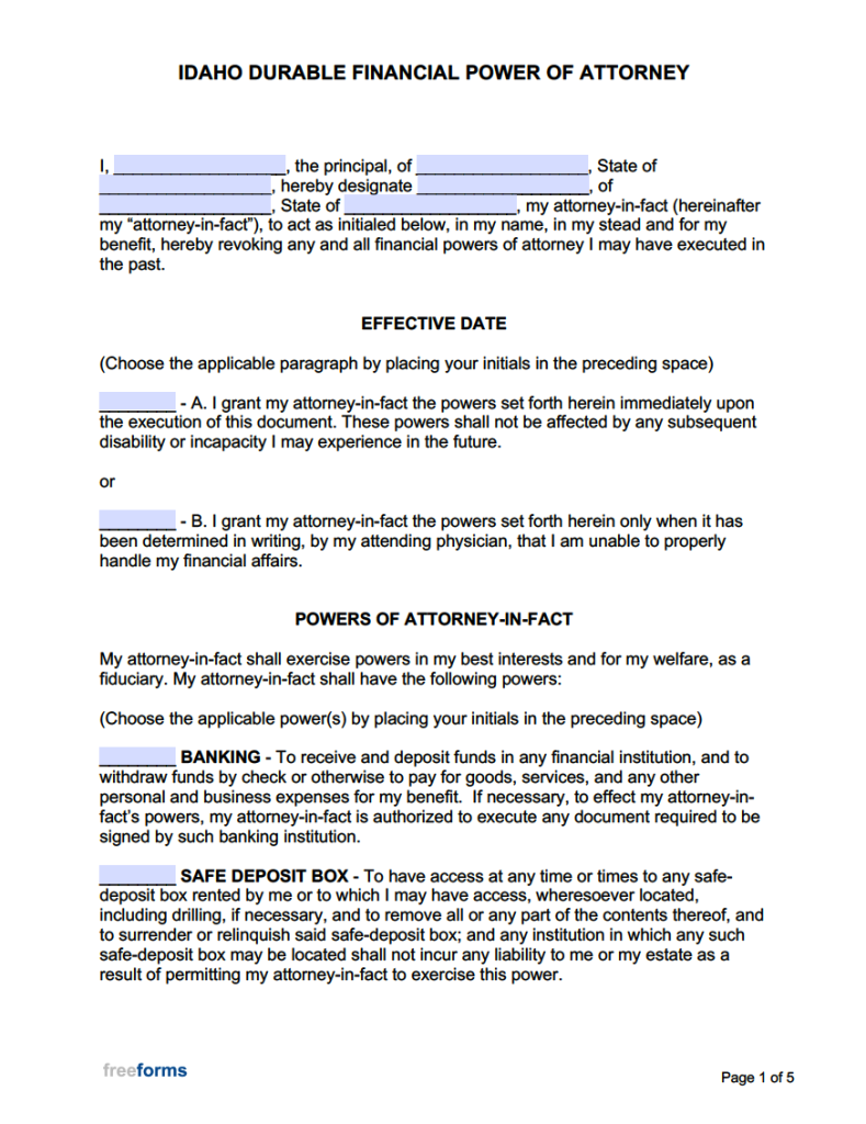 Free Idaho Durable Financial Power Of Attorney Form PDF WORD