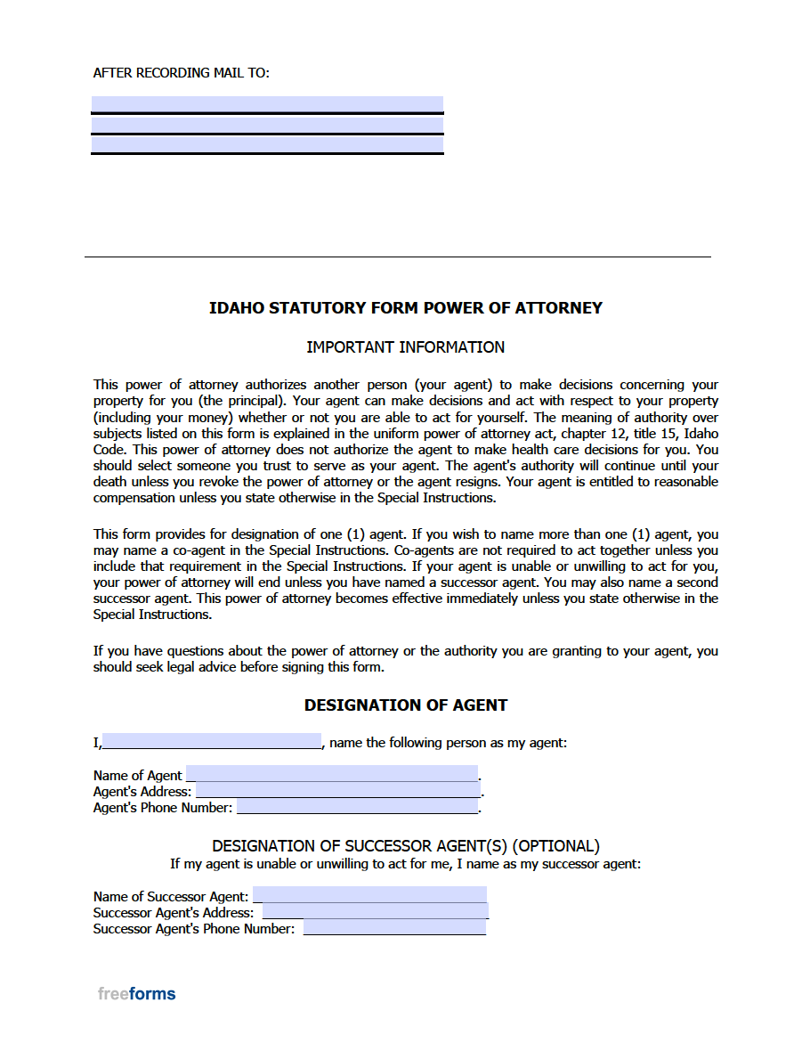 Free Idaho Durable (Financial) Power of Attorney Form PDF WORD