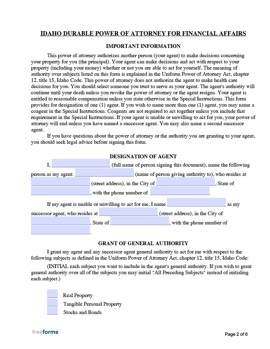 Free Printable Durable Power Of Attorney Form For Idaho Printable