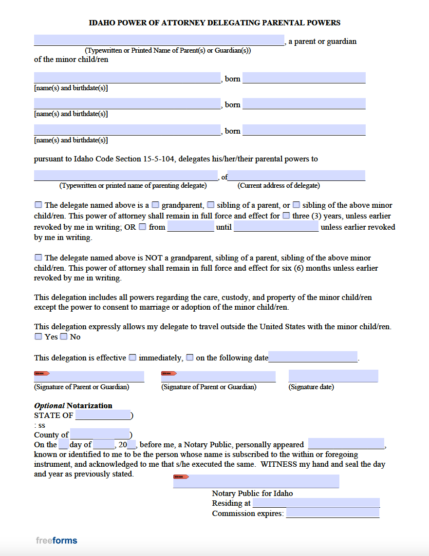 Free Idaho Minor Child Power of Attorney Form | PDF | WORD