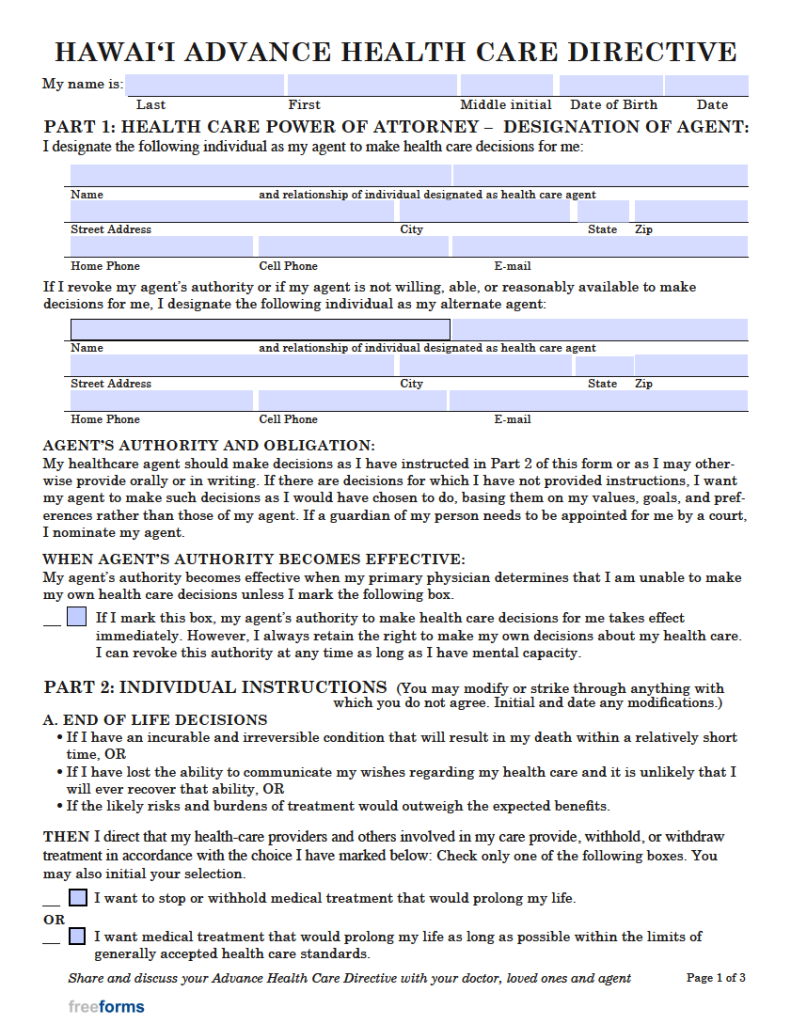 Free Hawaii Advance Directive Form (Medical POA & Living Will) PDF