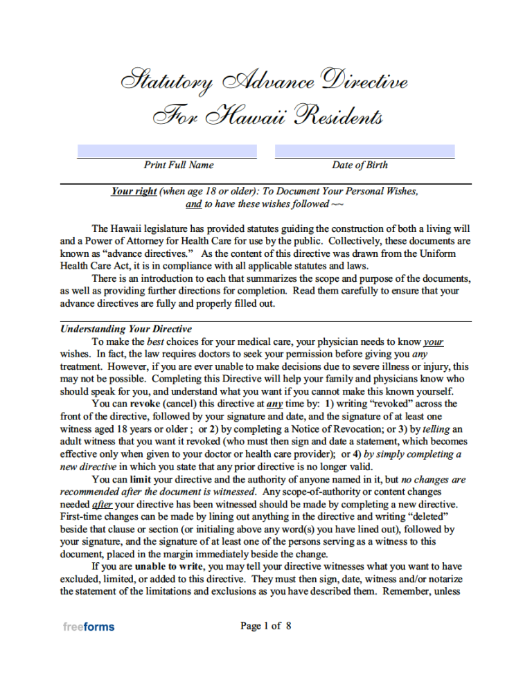 Free Hawaii Advance Directive Form (Medical POA & Living Will) PDF