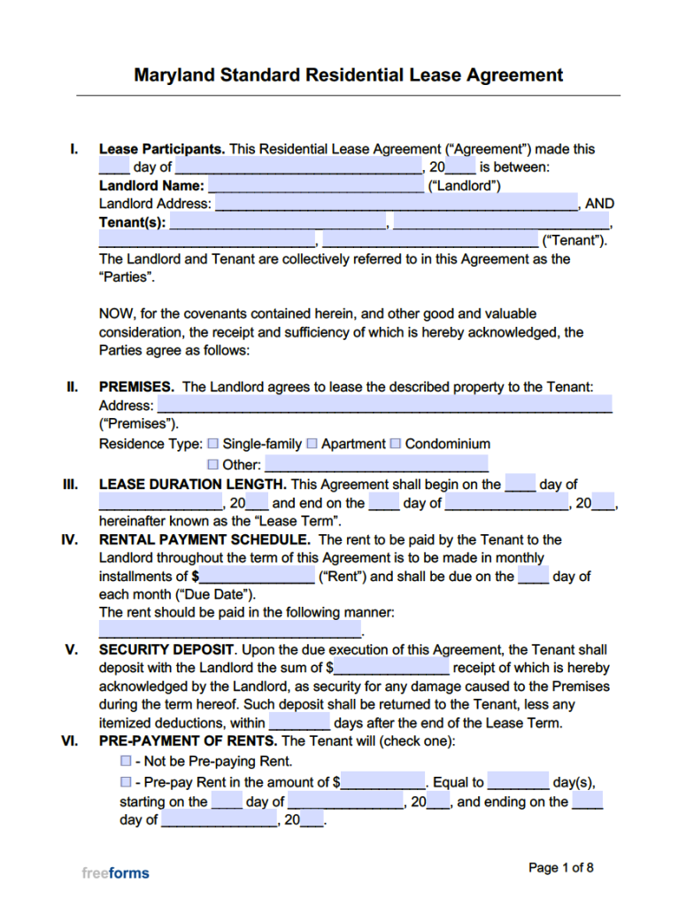 Free Maryland Residential Lease Agreement Template