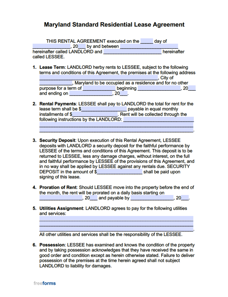 Free Maryland Standard Residential Lease Agreement Template PDF WORD