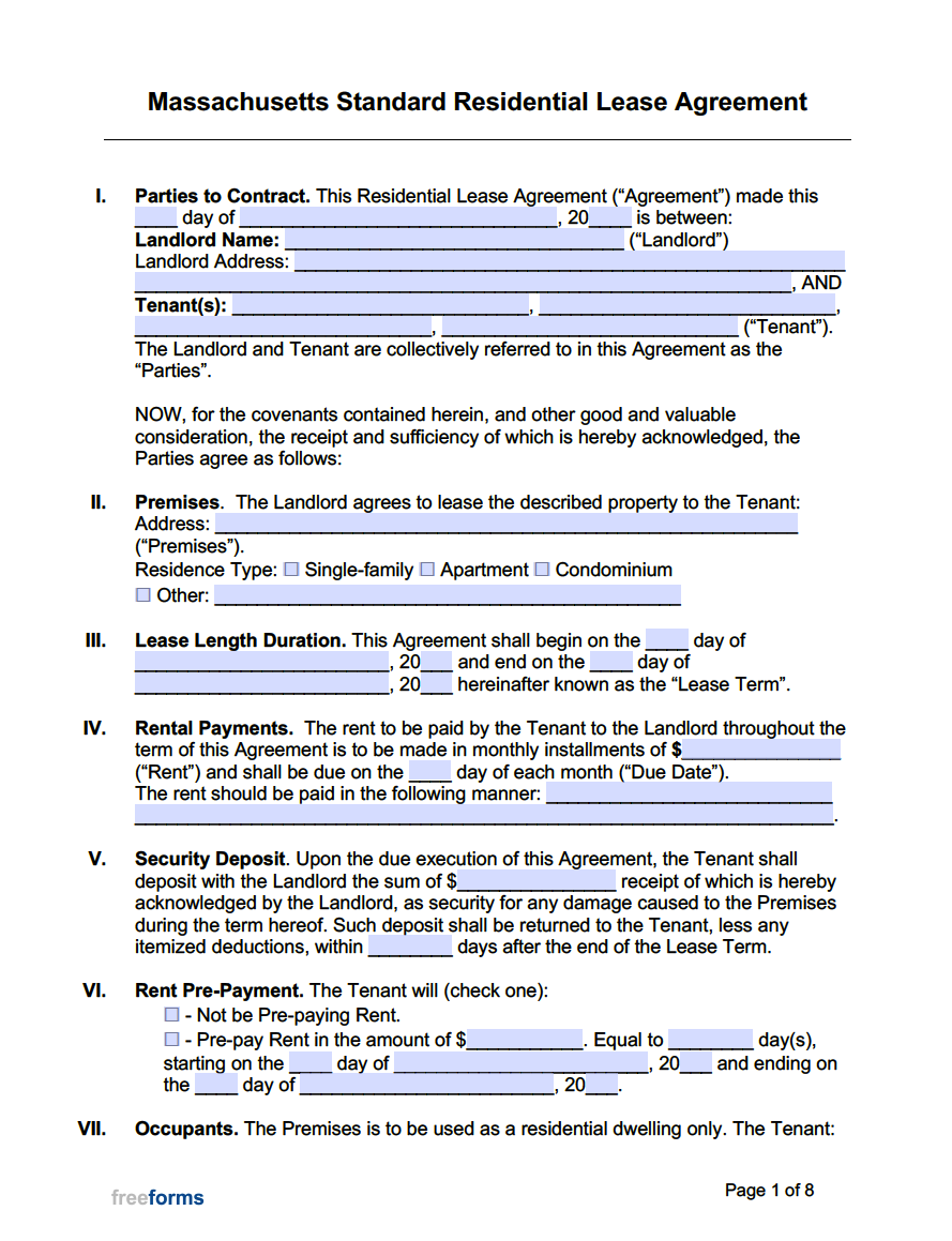 Free Massachusetts Standard Residential Lease Agreement Template PDF 