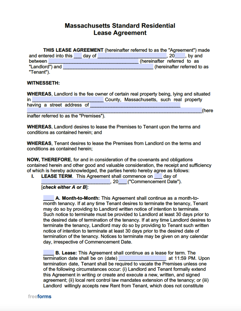 Free Massachusetts Standard Residential Lease Agreement Template Pdf Word 1219