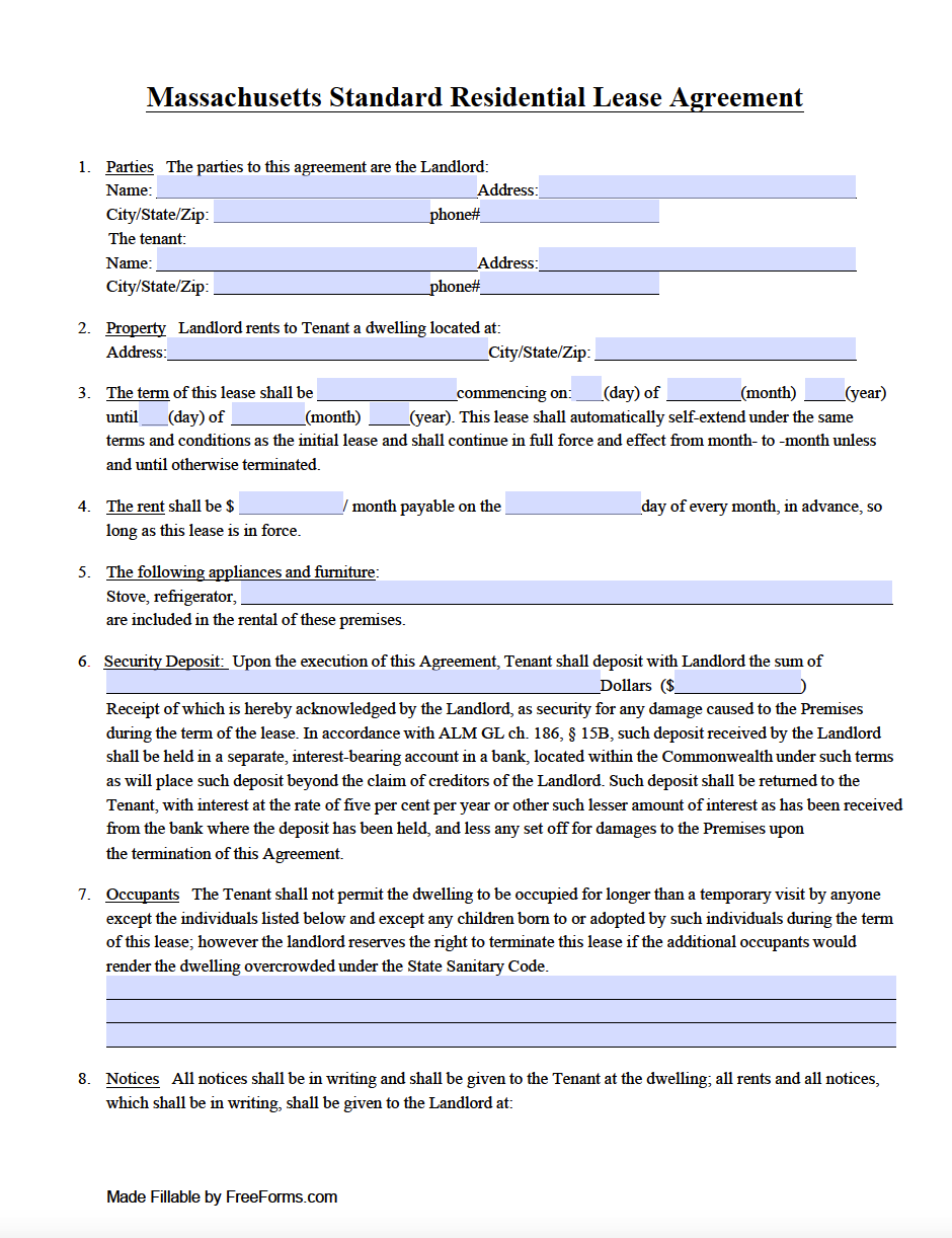 Free Massachusetts Standard Residential Lease Agreement Template Pdf Word 