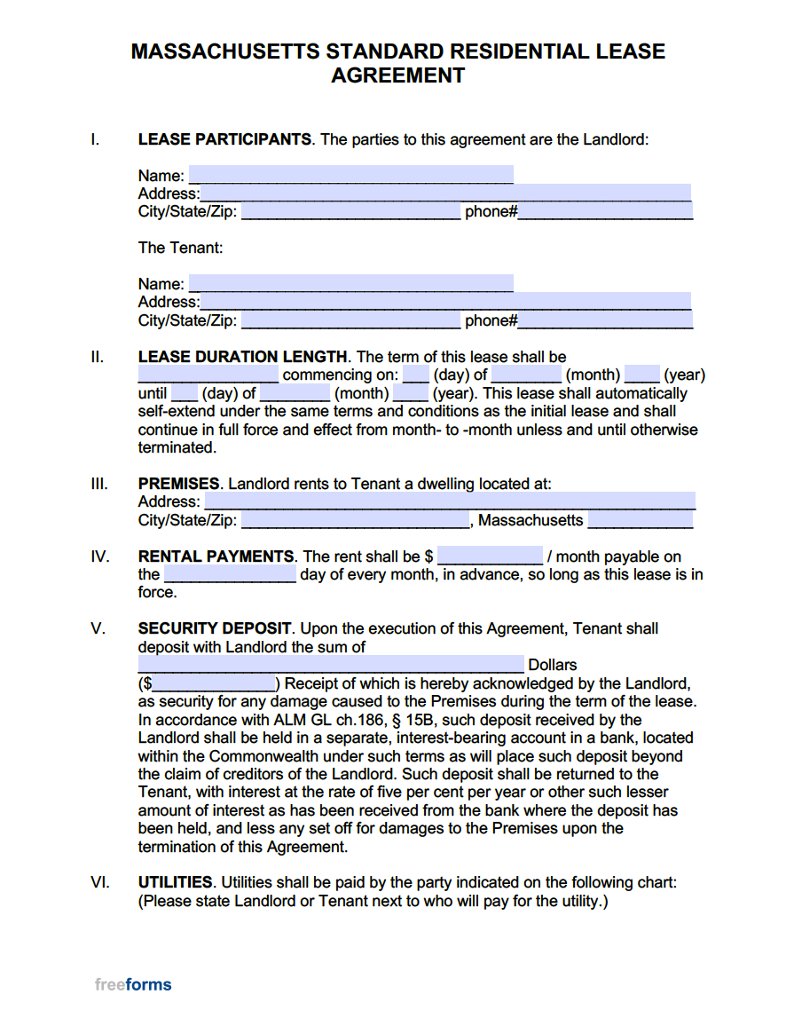 free massachusetts standard residential lease agreement template pdf word