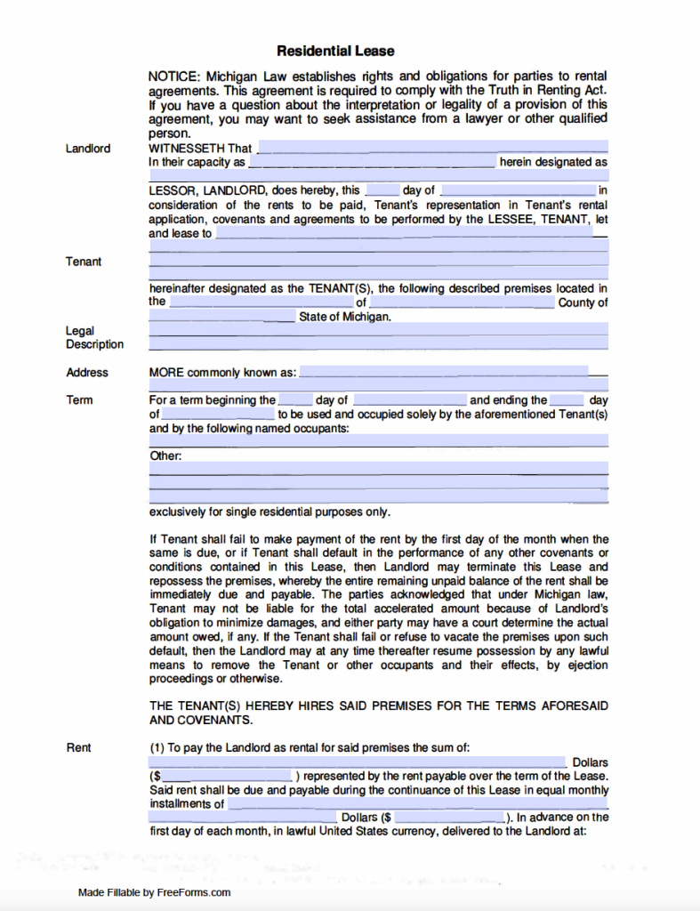 Free Michigan Rental Lease Agreement Templates | PDF | WORD