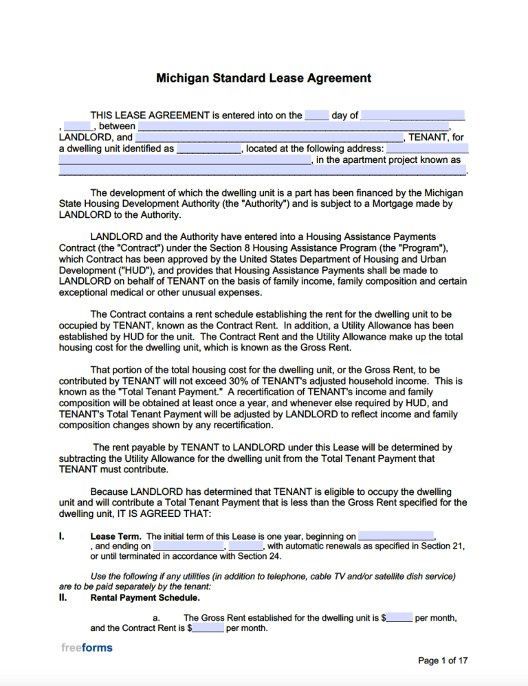 Free Michigan Standard Residential Lease Agreement Template PDF WORD