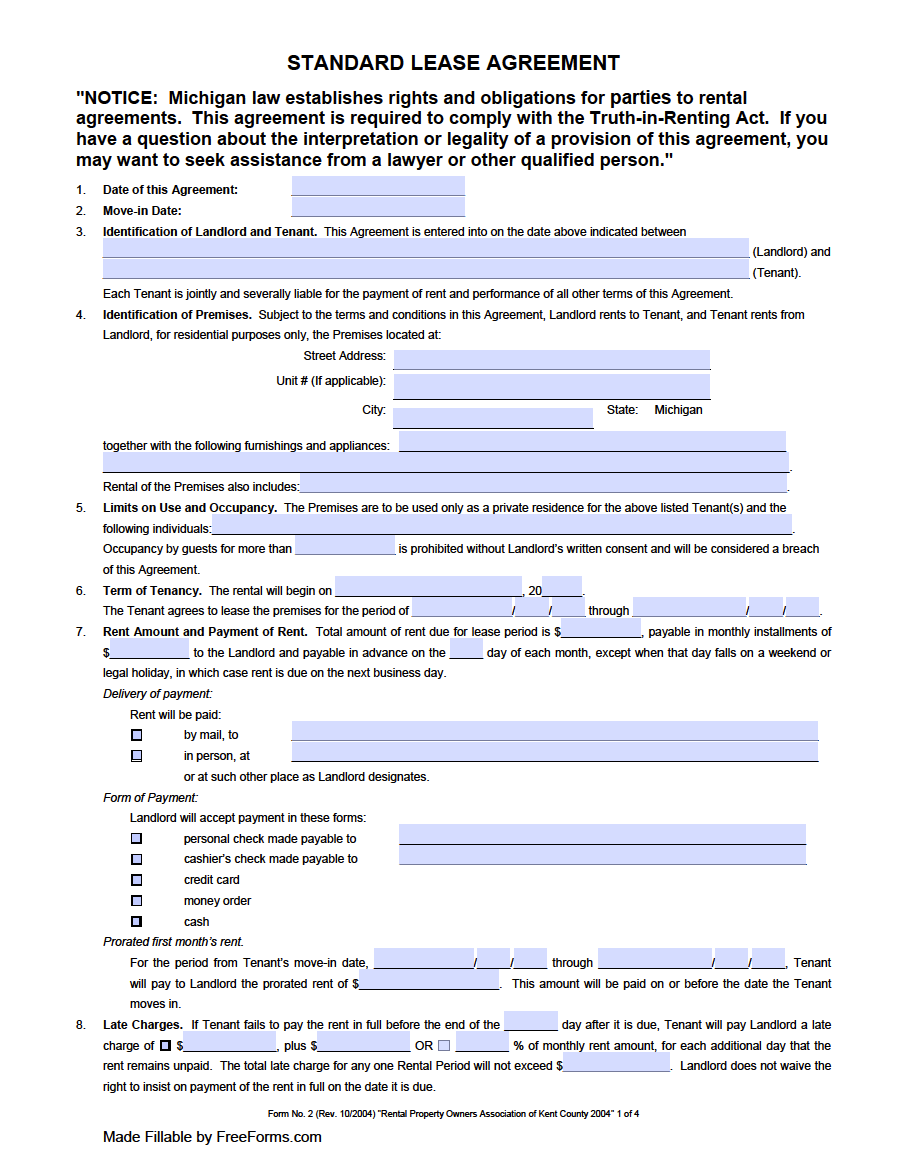 Michigan Lease Agreement Template Free