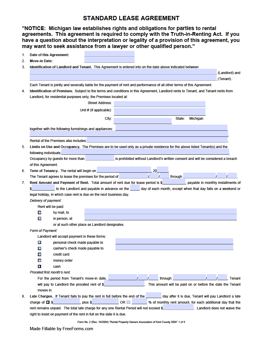 Free Michigan Standard Residential Lease Agreement Template Pdf Word