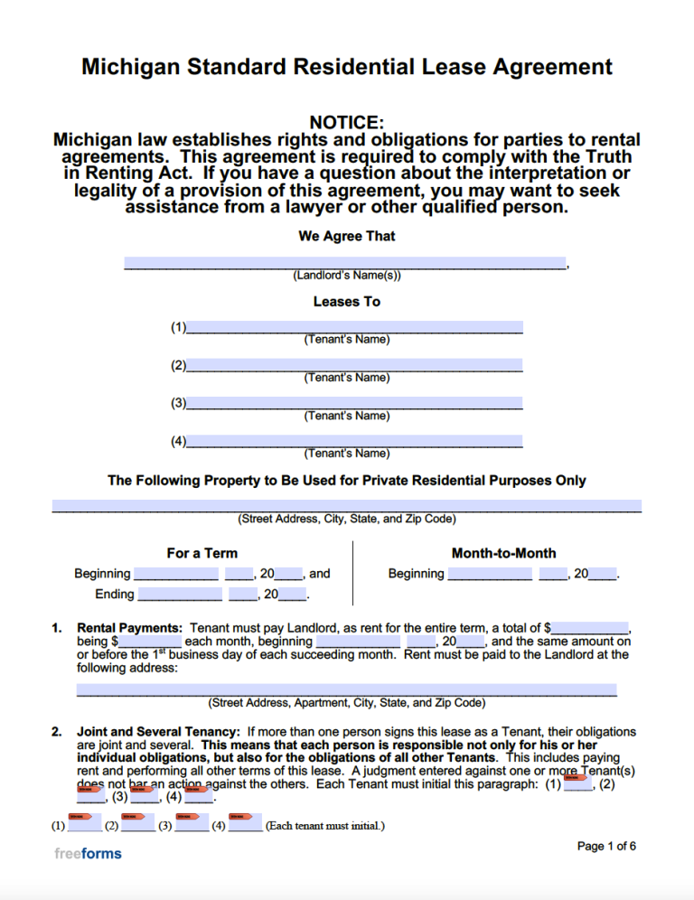 Free Michigan Standard Residential Lease Agreement Template PDF WORD