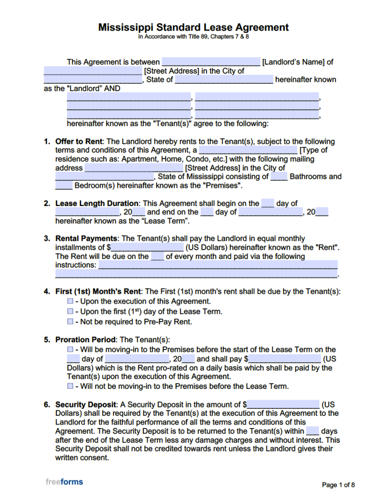 Free Mississippi Standard Residential Lease Agreement Template PDF WORD Free Mississippi Standard Residential Lease Agreement Template PDF WORD