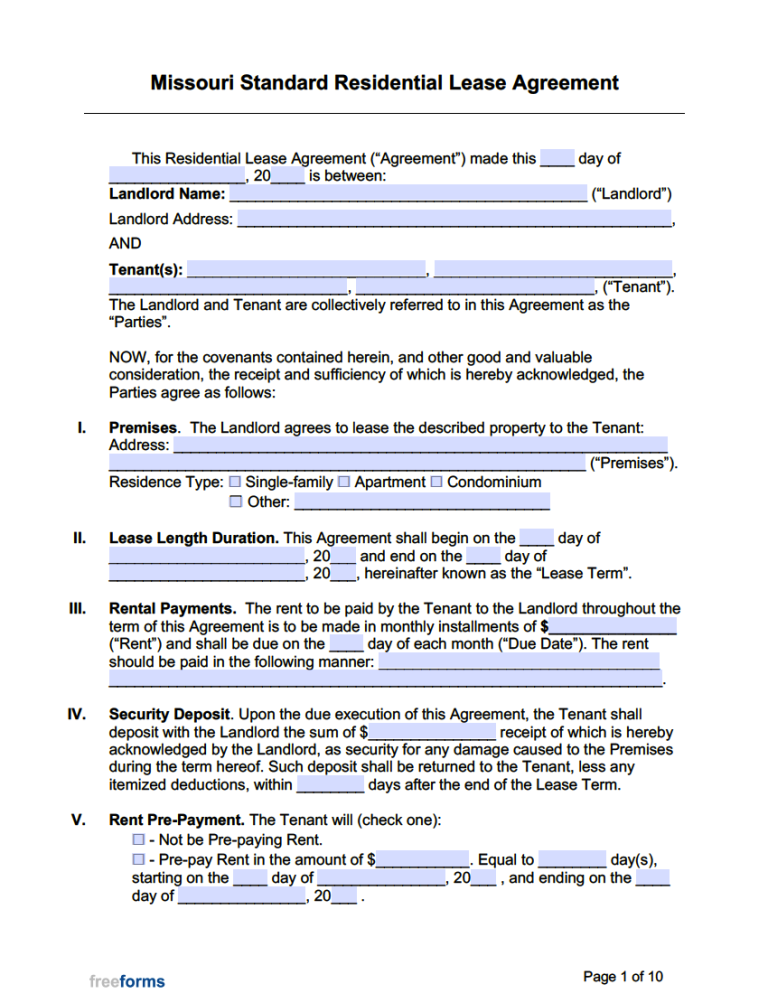 Free Missouri Standard Residential Lease Agreement Template PDF WORD