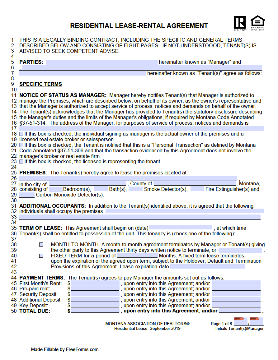 Free Montana Standard Residential Lease Agreement Template PDF WORD