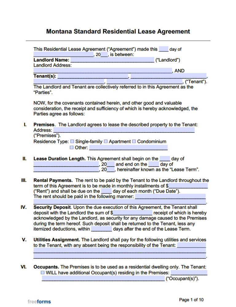 Free Montana Standard Residential Lease Agreement Template | PDF | WORD