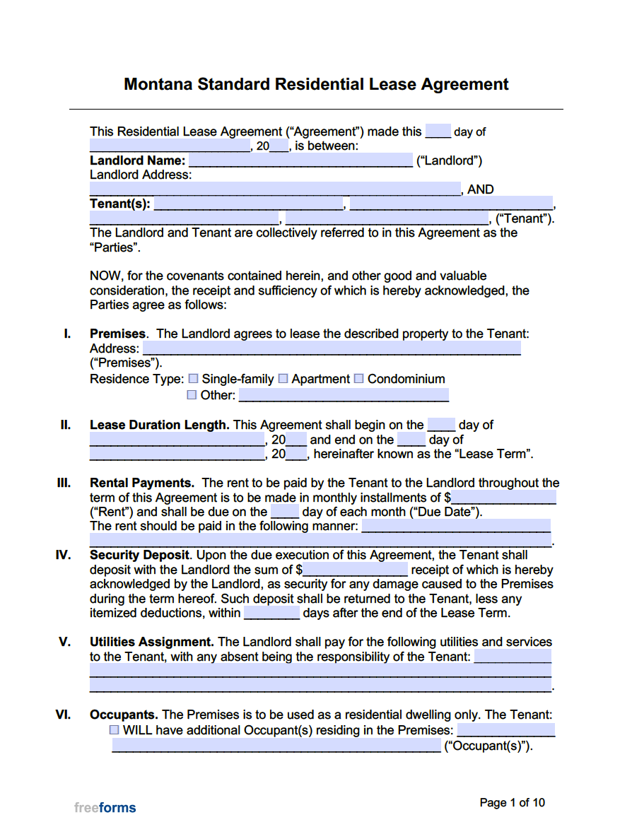 Free Montana Standard Residential Lease Agreement Template PDF WORD