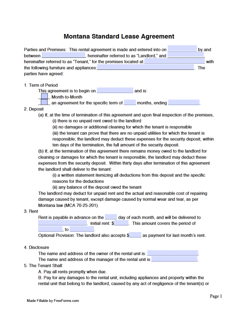 Free Montana Standard Residential Lease Agreement Template | PDF | WORD