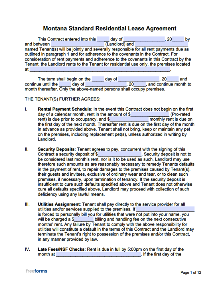 Free Montana Rental Lease Agreement Templates PDF WORD