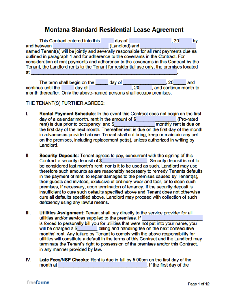 Free Montana Standard Residential Lease Agreement Template PDF WORD