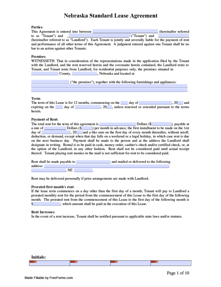 Free Nebraska Standard Residential Lease Agreement Template PDF WORD